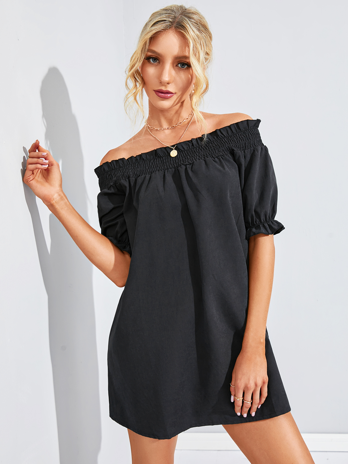 Off-The-Shoulder Mini Dress in Black