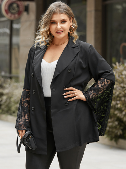 Plus Size Notch Collar Patchwork Button Design Lace Long Sleeves Blazer