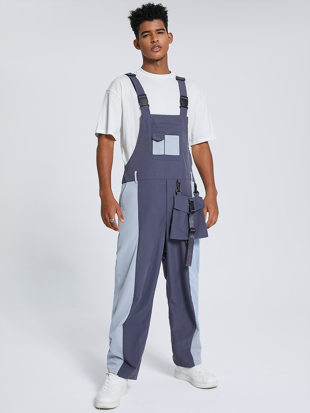 Men Color Block Ribbon Design Bib Suspender Overalls Jumpsuit