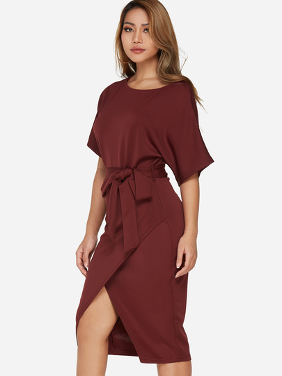 Burgundy Self-tie Design Short Sleeves Slit Hem Midi Dress
