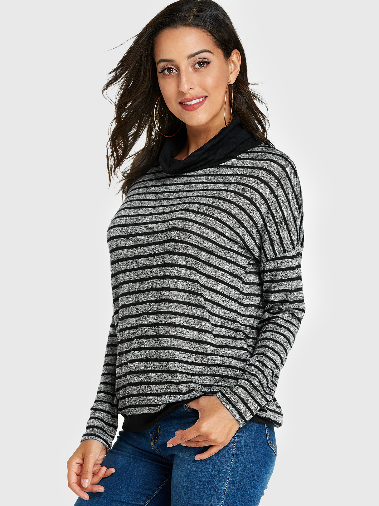 YOINS Grey Stripe Chimney Collar Long Sleeves Tee