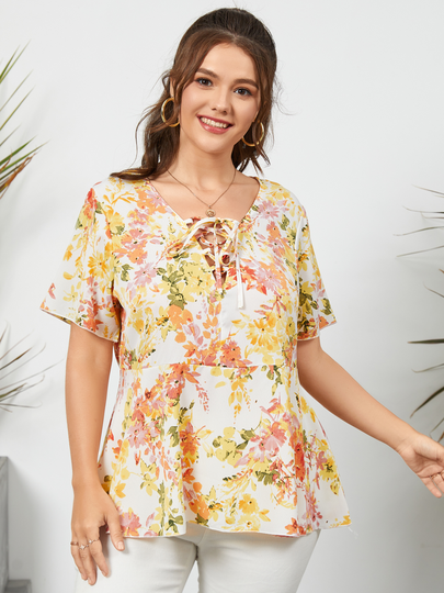 Plus Size Yellow V-neck Lace-Up Design Short Sleeves Blouse
