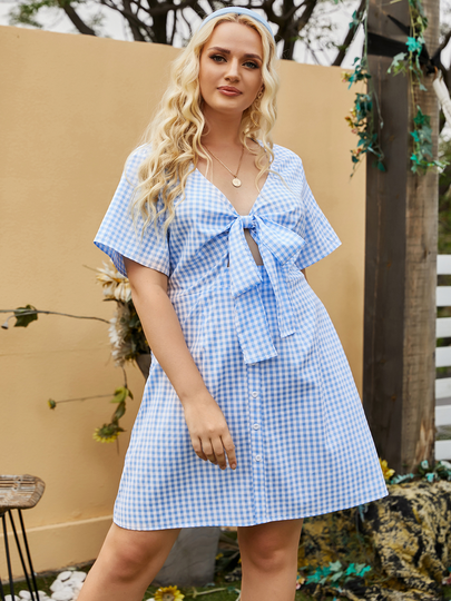 YOINS Plus Size V-neck Plaid Bowknot Short Sleeves Midi Dress