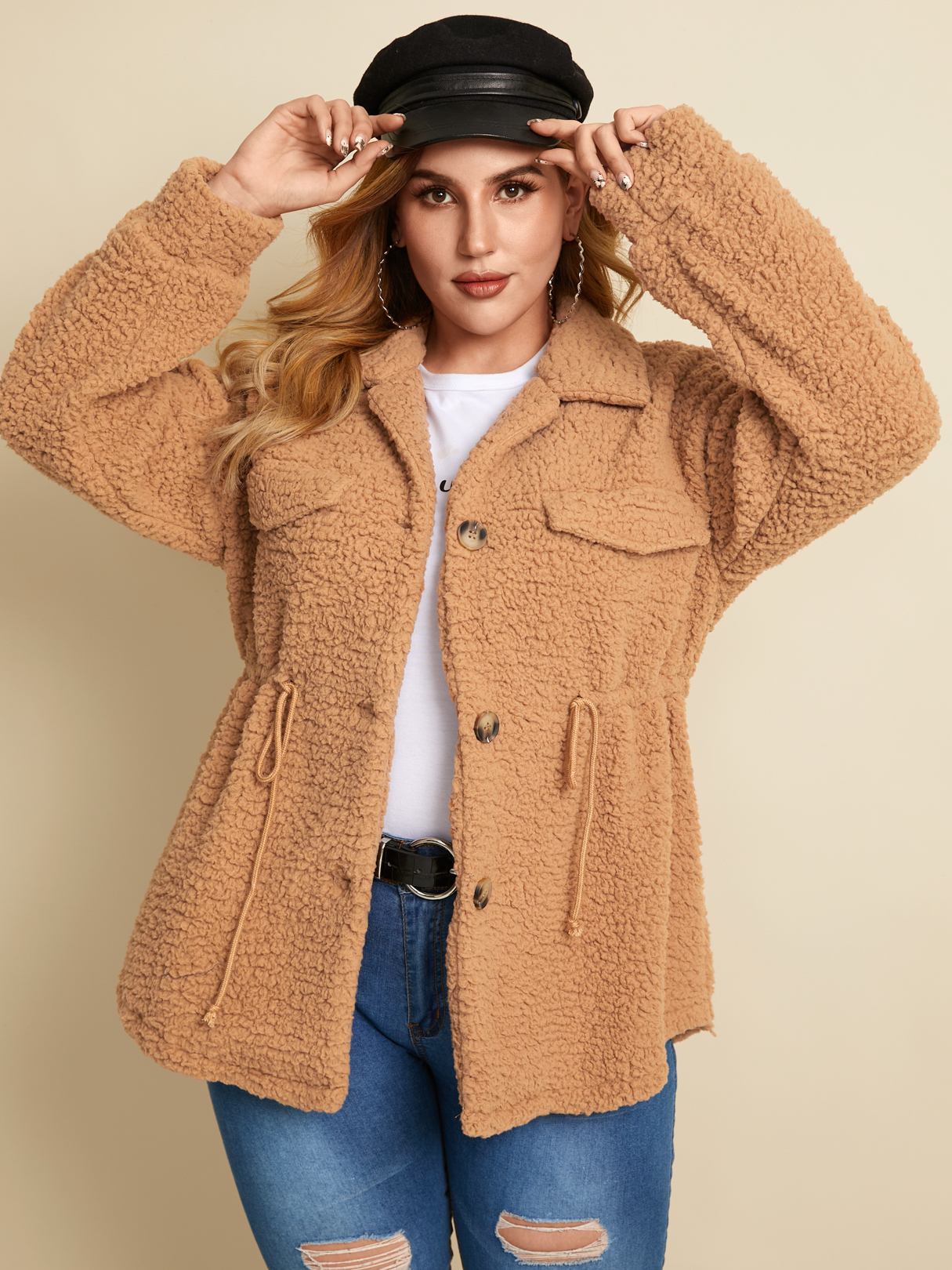 YOINS Plus Size Button Design Drawstring Long Sleeves Coat