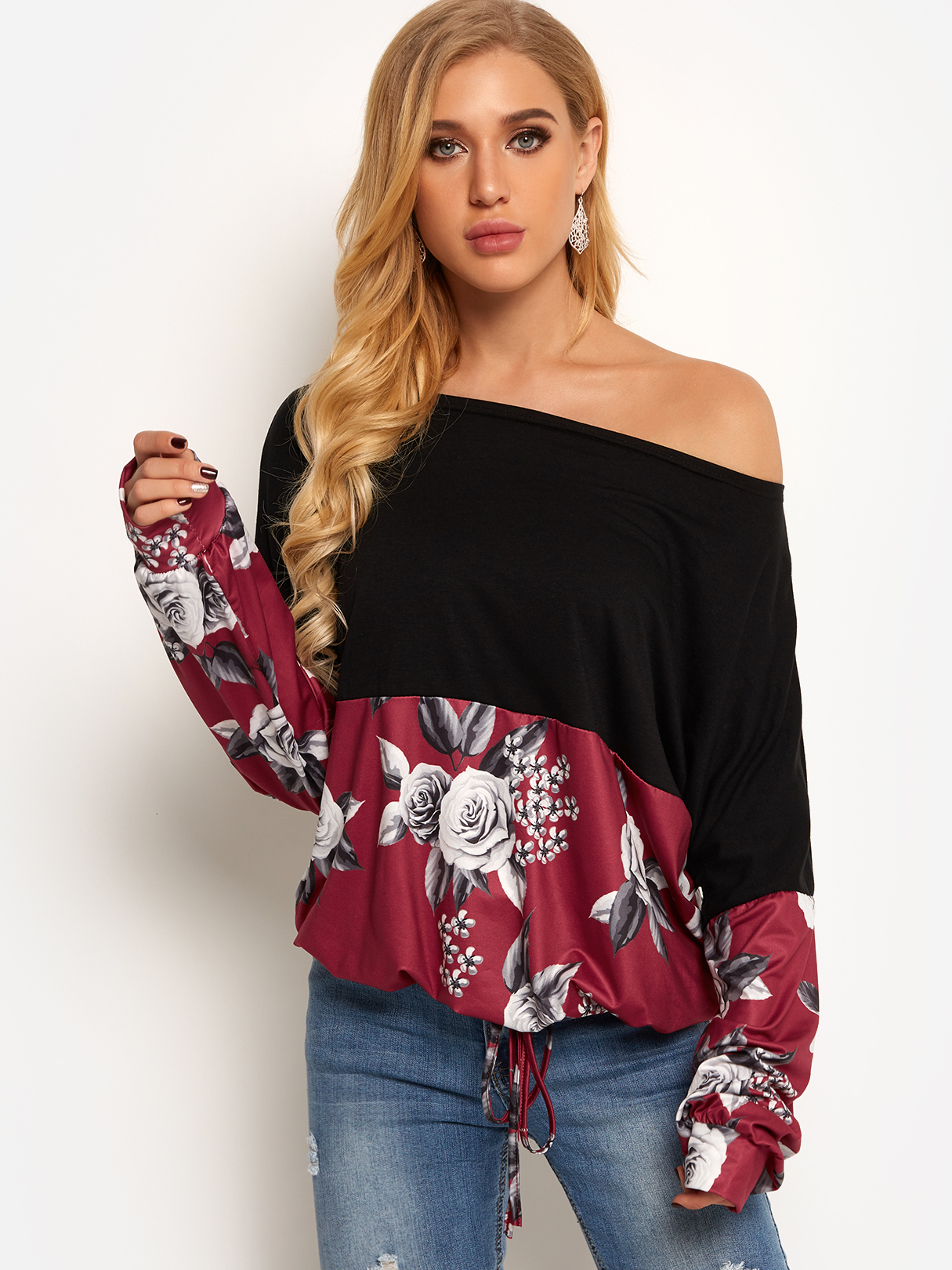 Red Random Floral Print One Shoulder Long Sleeves Stitching Blouse
