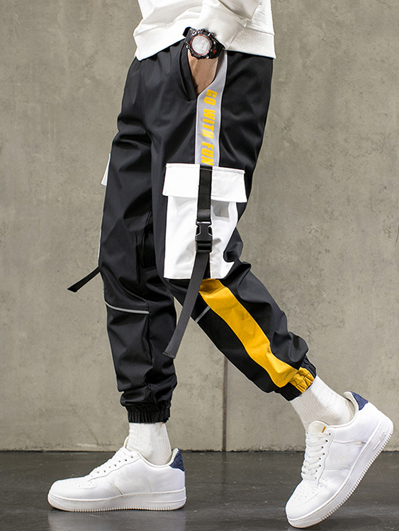 Men Fashion Letter Print Color Block Splicing Casual Pants