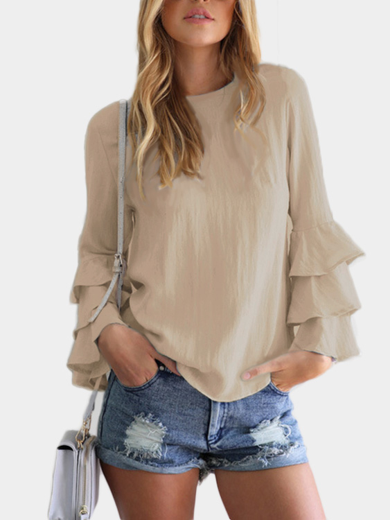 Khaki Round Neck Flared Sleeves Blouse