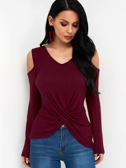 Burgundy Crossed Front Design Plain Cold Shoulder Long Sleeves T-shirts