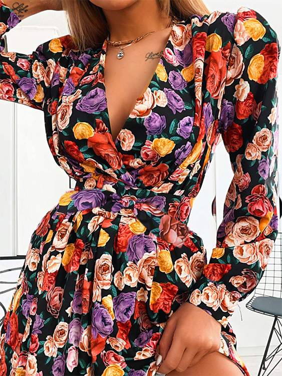 YOINS Random Floral Print Wrap Design Belted Puff Sleeves Deep v neck Dress