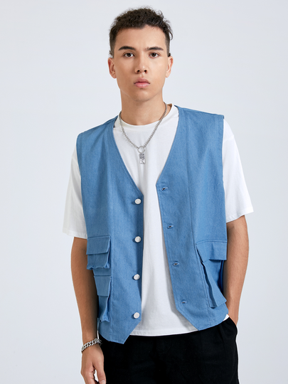 Men Casual Pocket Plain Cargo Vest