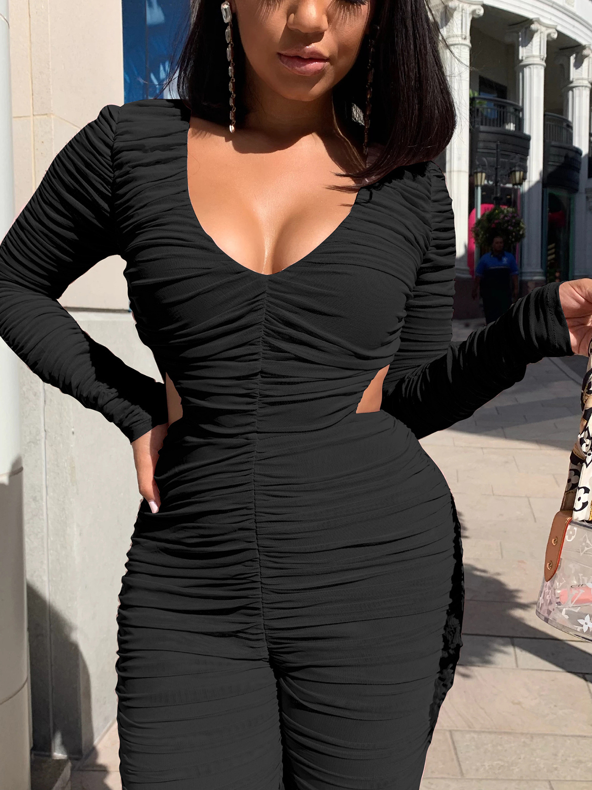 Cut Out Ruched Design Long Sleeves Tight Waist Jumpsuit