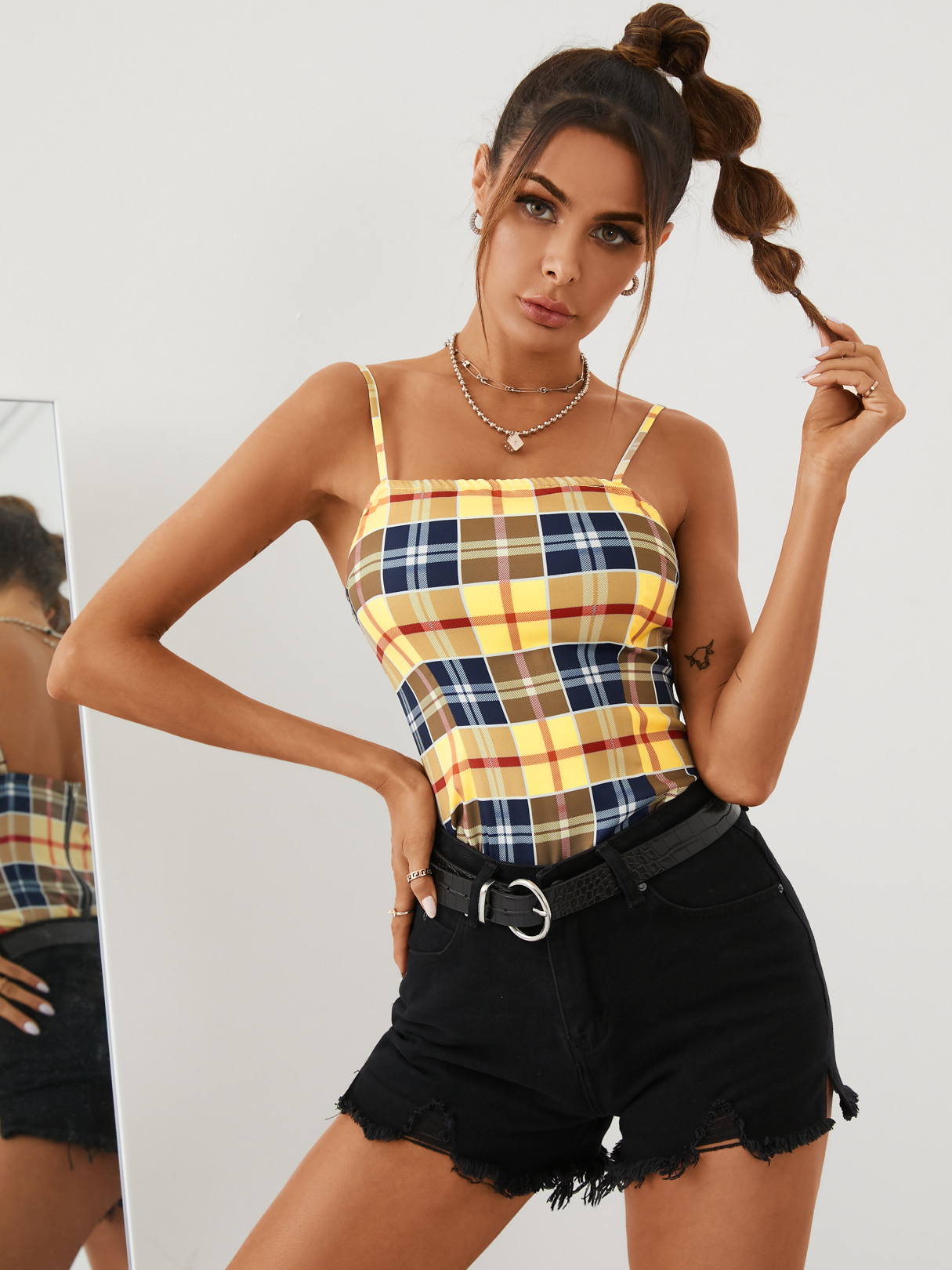 YOINS Plaid Square Neck Zip Design Cami