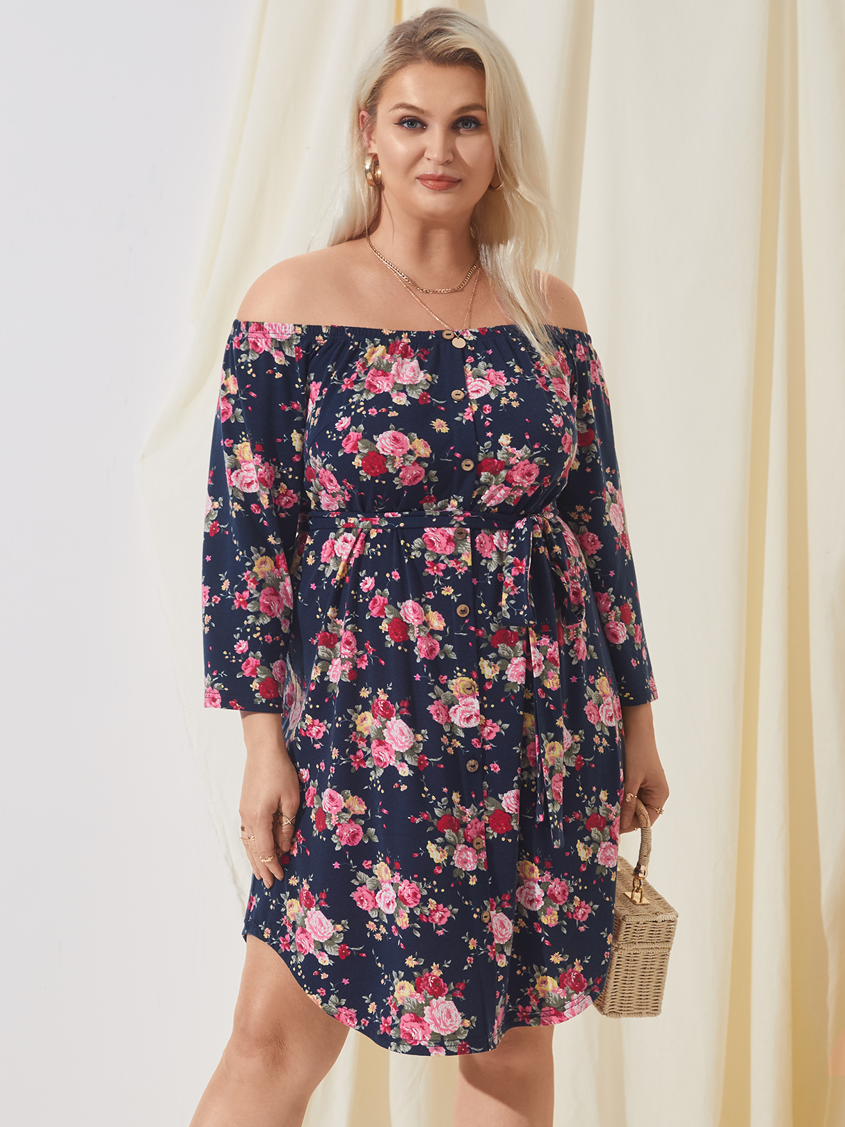YOINS Plus Size Off The Shoulder Floral Print 3/4 Length Sleeves Mini Dress