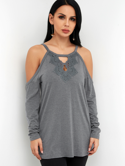 Grey Cut Out Lace Details Cold Shoulder Long Sleeves T-shirts