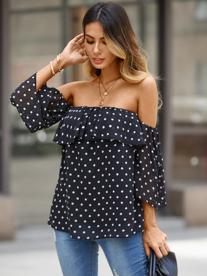 YOINS Black Polka Dot Off The Shoulder 3/4 Length Sleeves Blouse