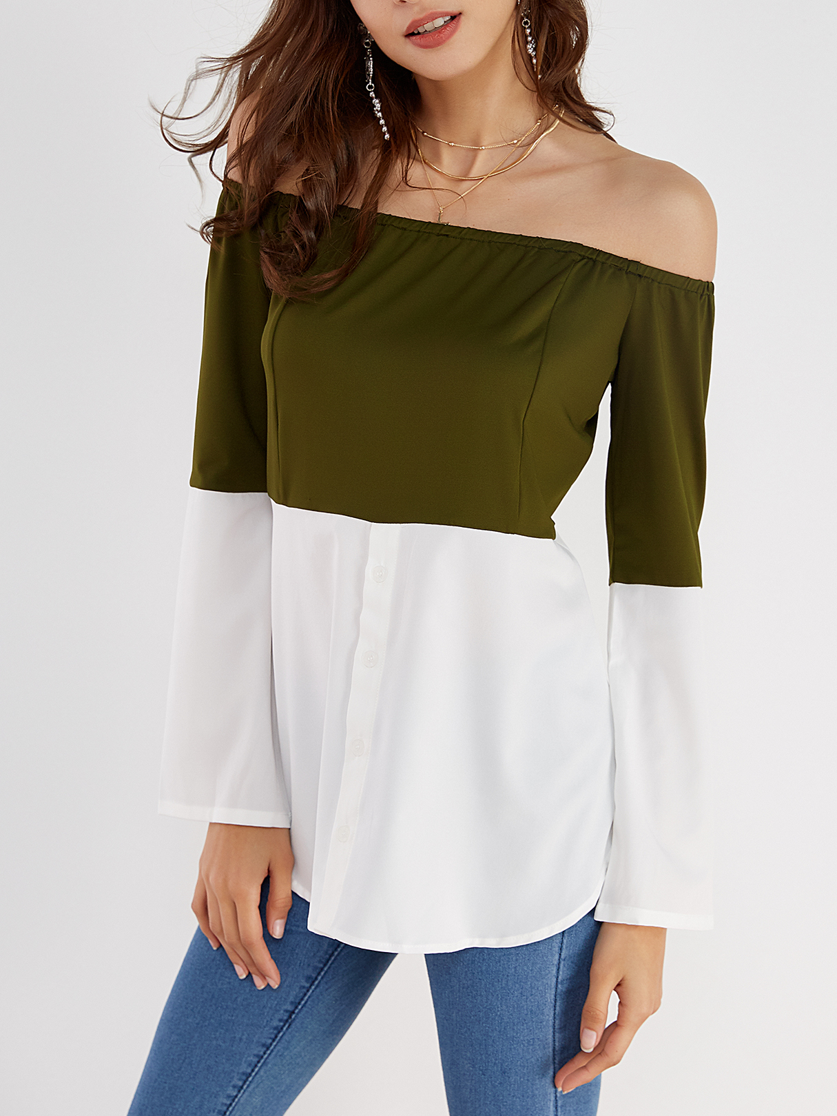 Army Green & White Off Shoulder Long Sleeves T-shirt