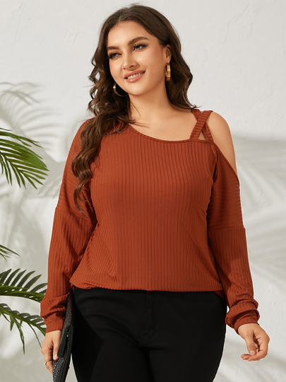 YOINS Plus Size Cold Shoulder Ribbed Knit Long Sleeves Sweater
