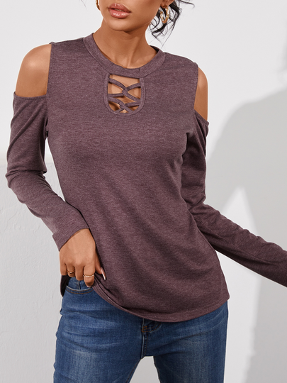 YOINS Hollow Design Cut Out Cold Shoulder Long Sleeves Tee