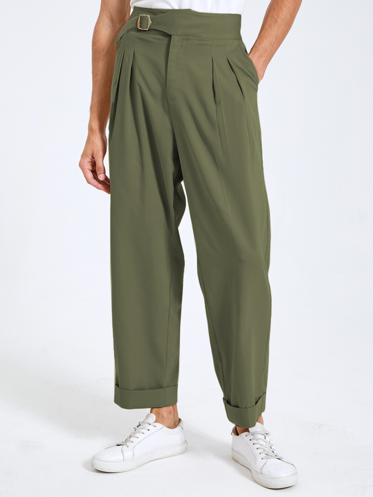Men Fashion Bucklet Design Wide Leg High Waist Casual Gurkha Pants