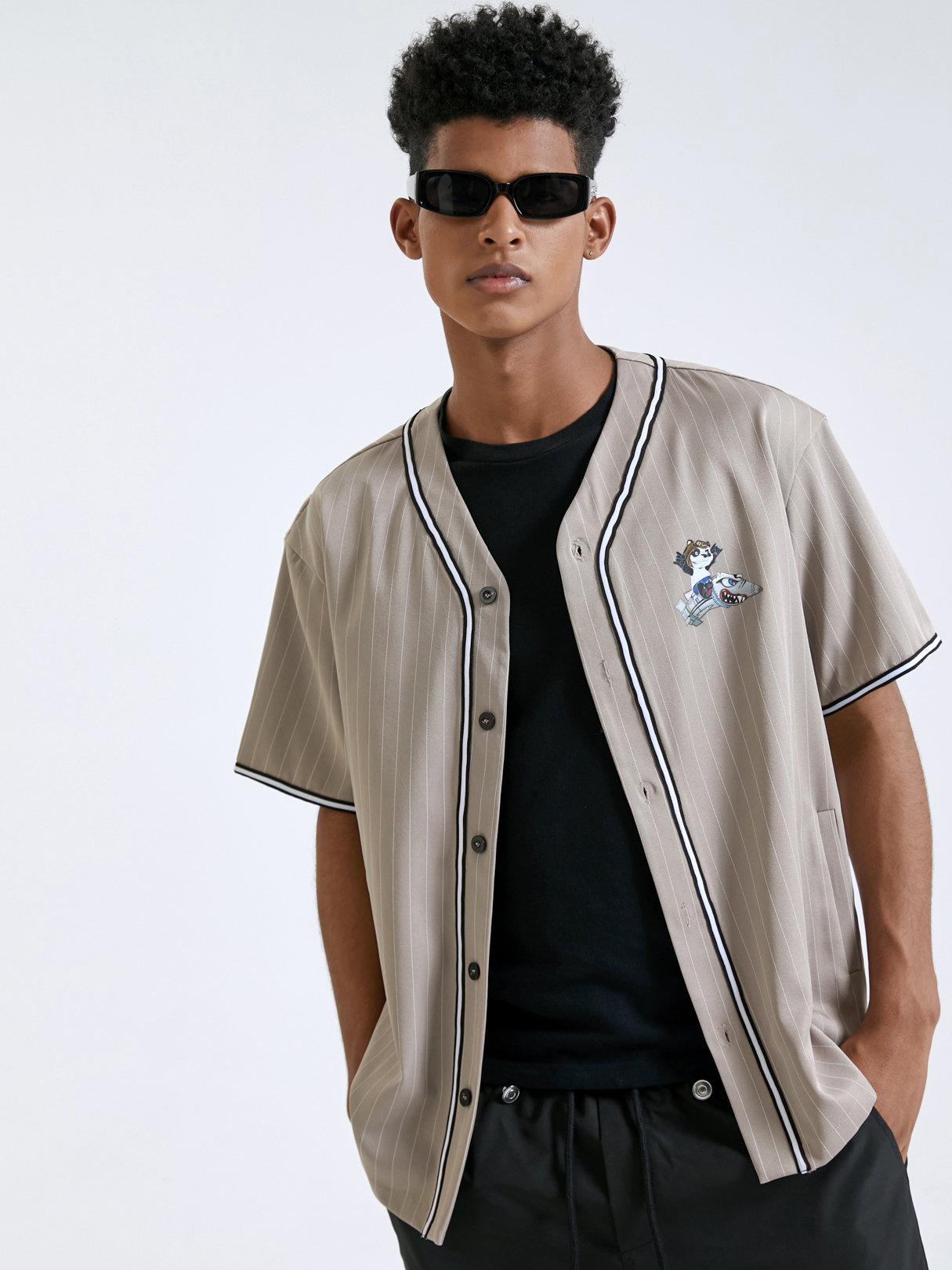 Men Striped And Cartoon Baseball Collar Shirt