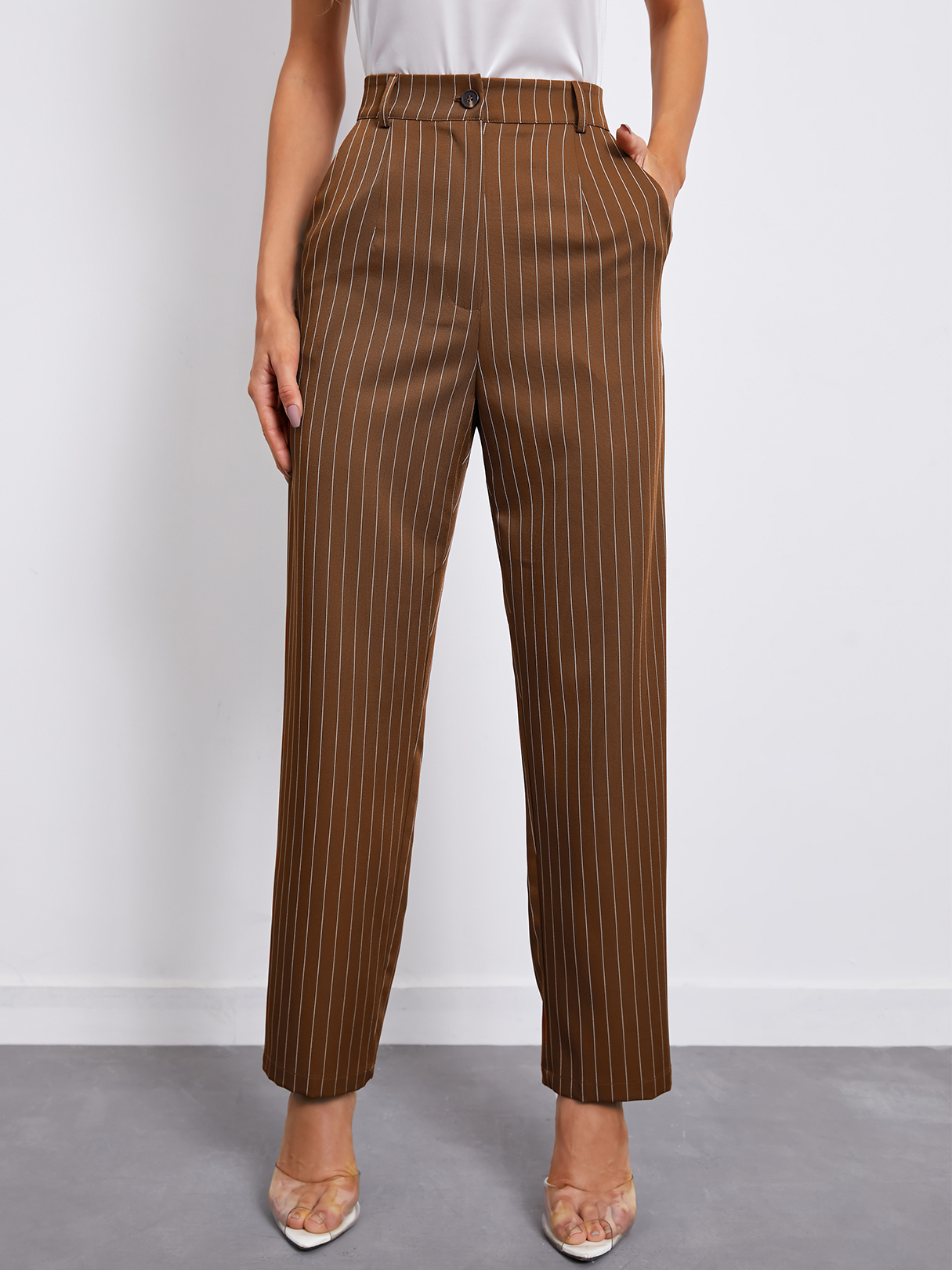 YOINS Khaki Striped Side Pocket Straight Hem Pants