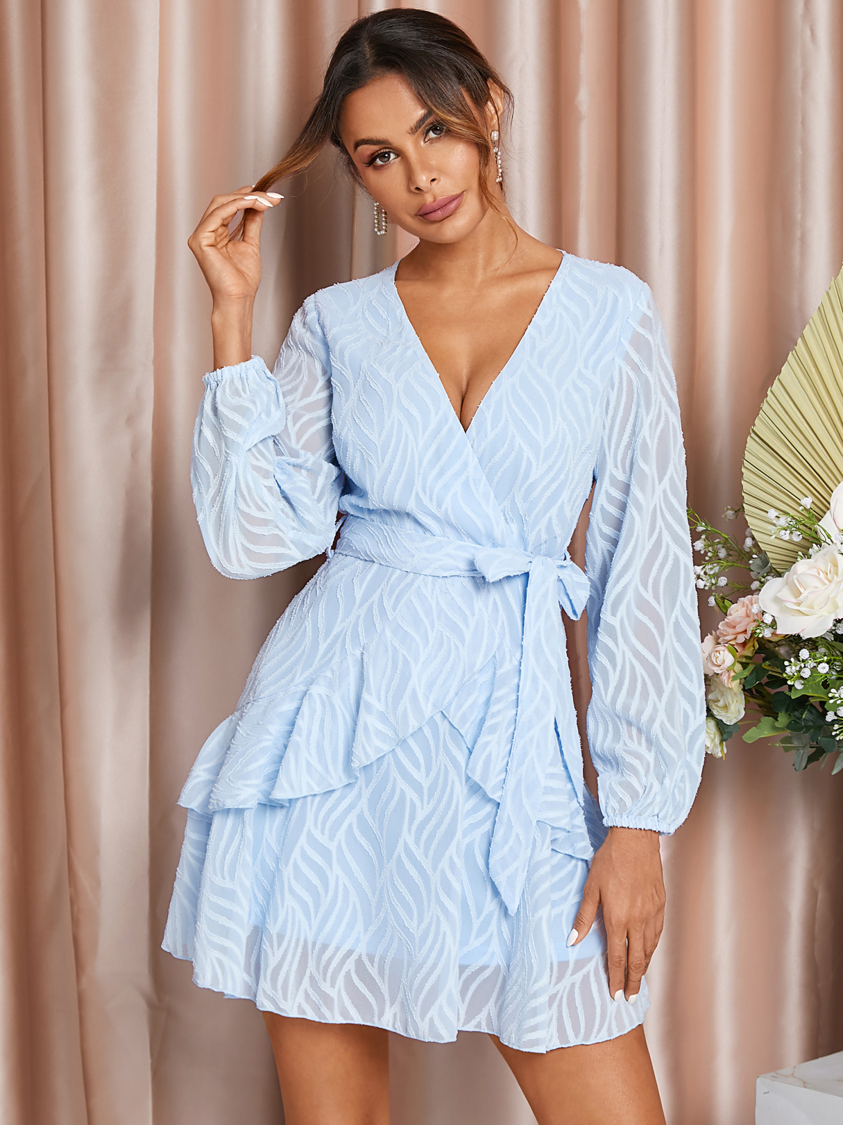 YOINS Graphic Textured V-neck Ruffle Trim Long Sleeves Mini Dress