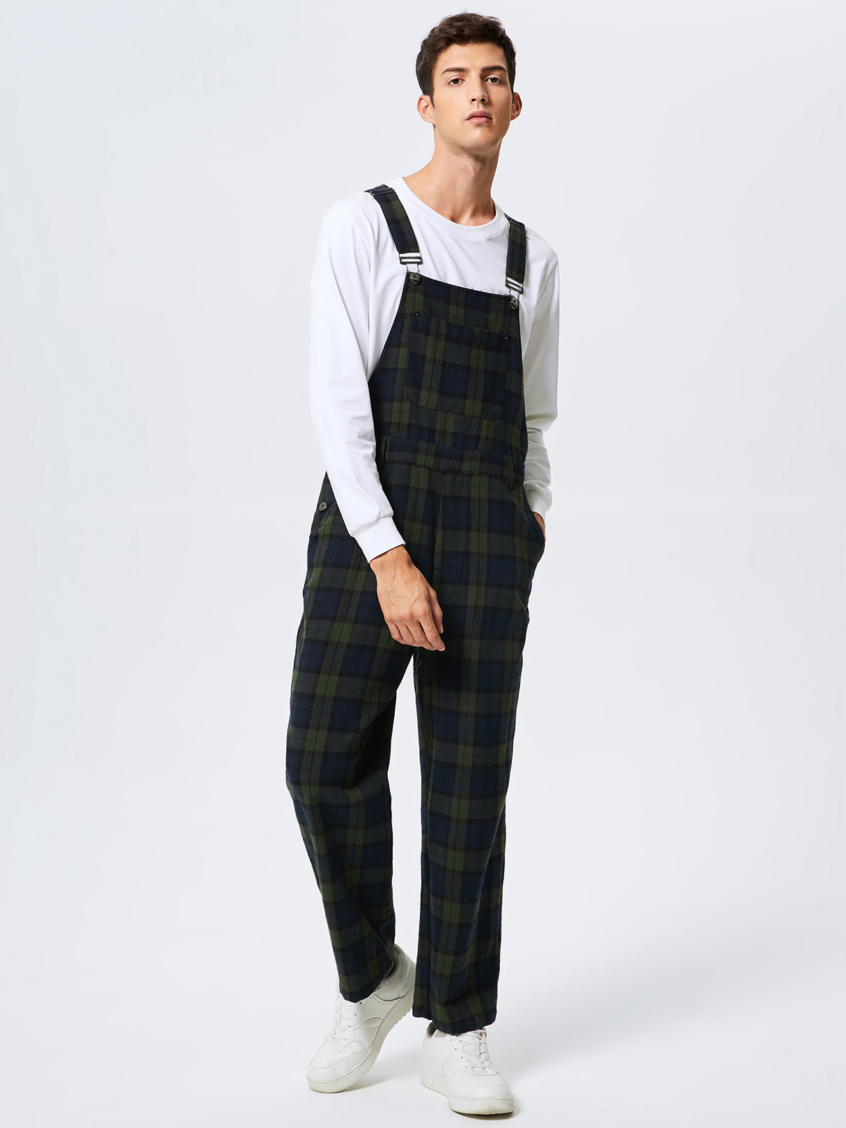 Men 100% Cotton Casual Plaid Print Button Design Sleeveless Suspender Overalls Jumpsuit