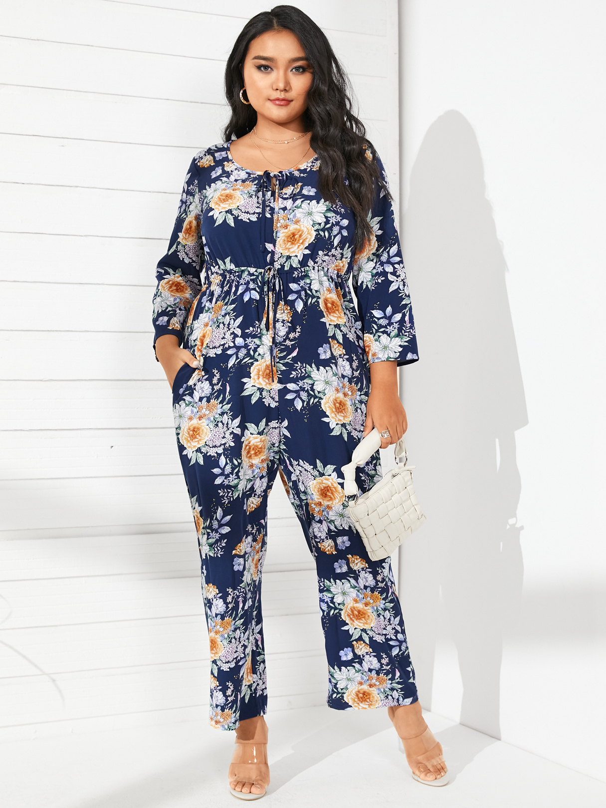 YOINS Plus Size Round Neck Floral Print 3/4 Length Sleeves Jumpsuit