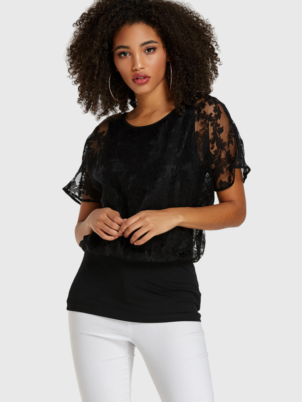 Black Lace Insert Round Neck With Lining Tee