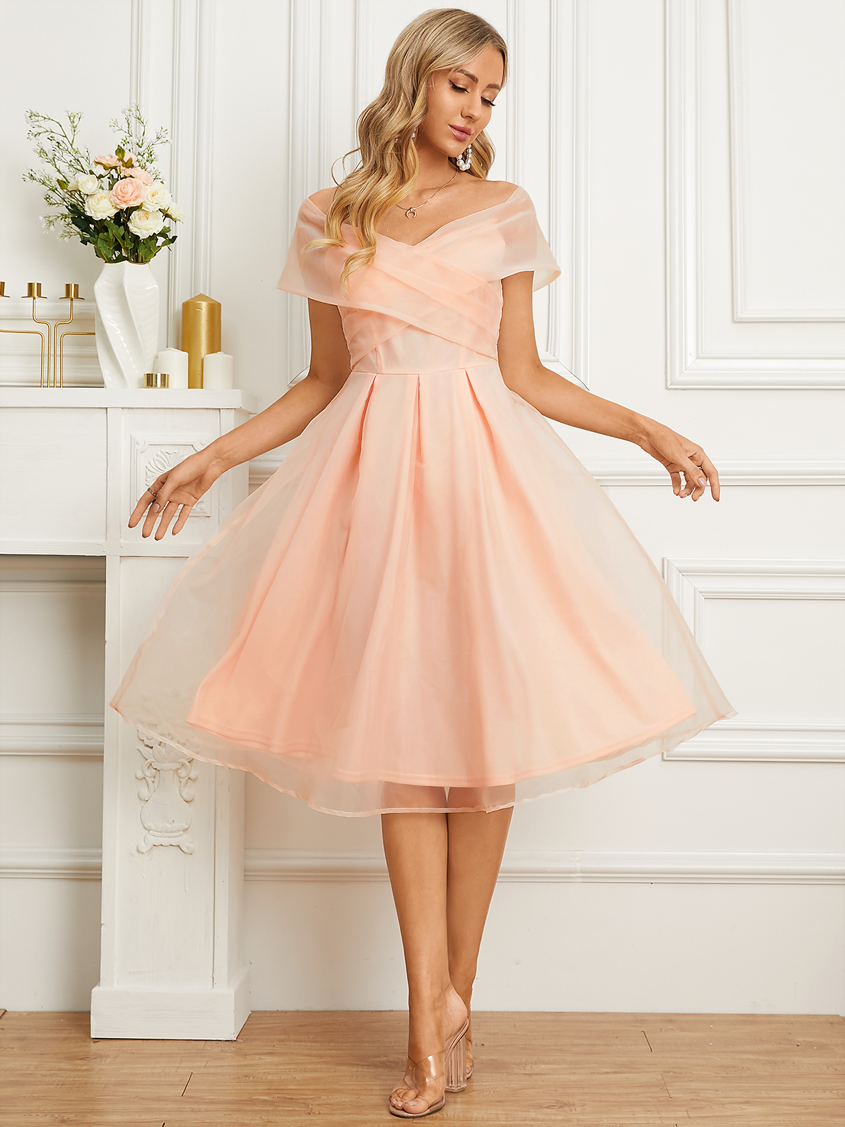 YOINS Off The Shoulder Crossed Front Pleated Short Sleeves Midi Dress