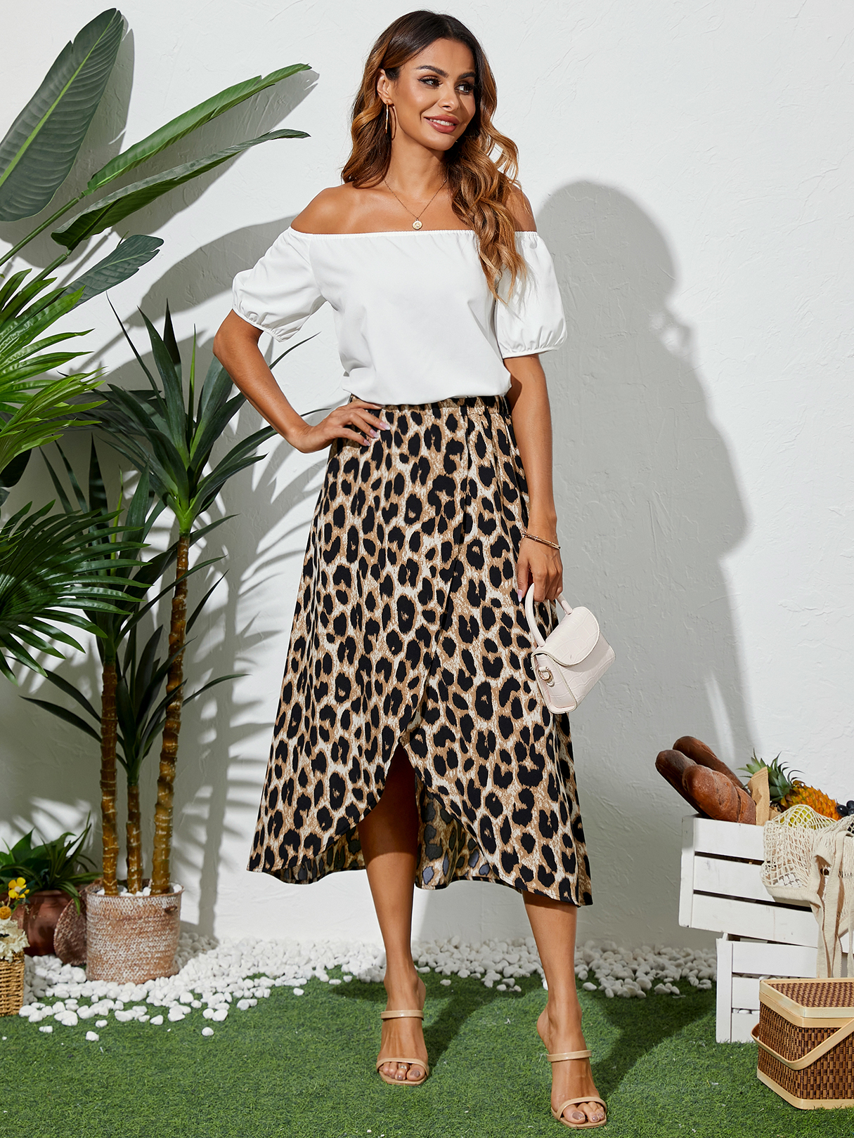 YOINS Off The Shoulder Leopard Slit Design Puff Sleeves Midi Dress