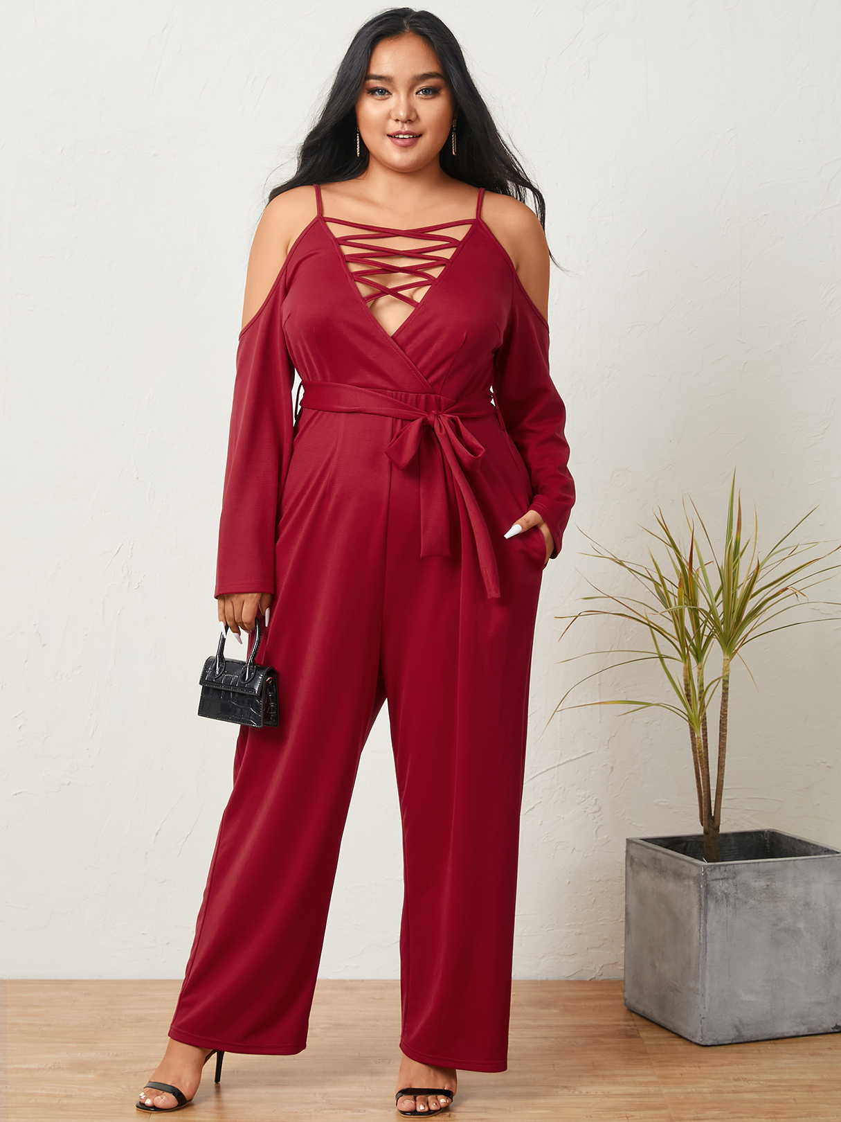 YOINS Plus Size Deep V Neck Criss-cross Long Sleeves Jumpsuit