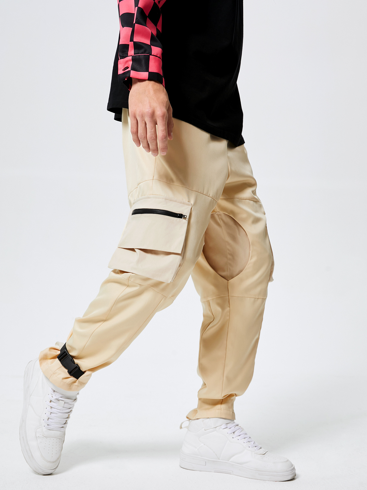 Men Fashion Splice Design Zip Pocket Drawstring Waist Cargo Pants