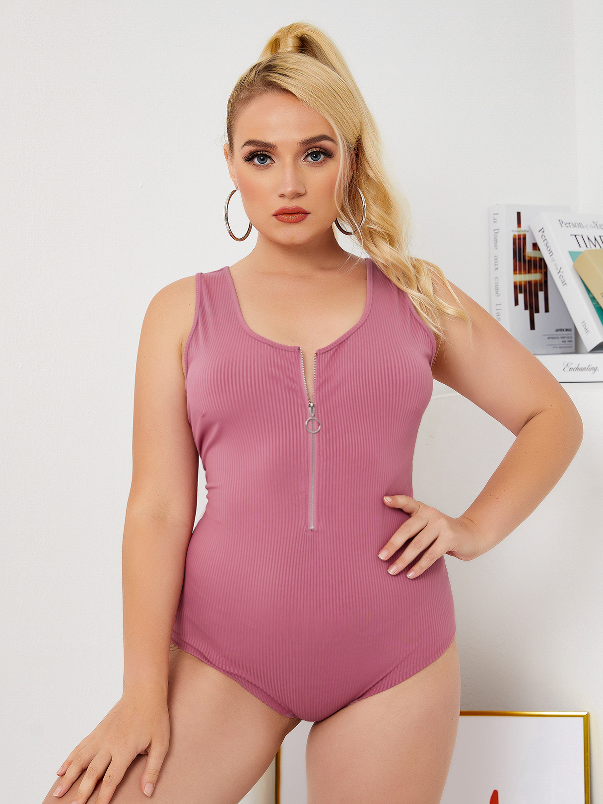 YOINS Plus Size Round Neck Zip Front Sleeveless Bodysuit
