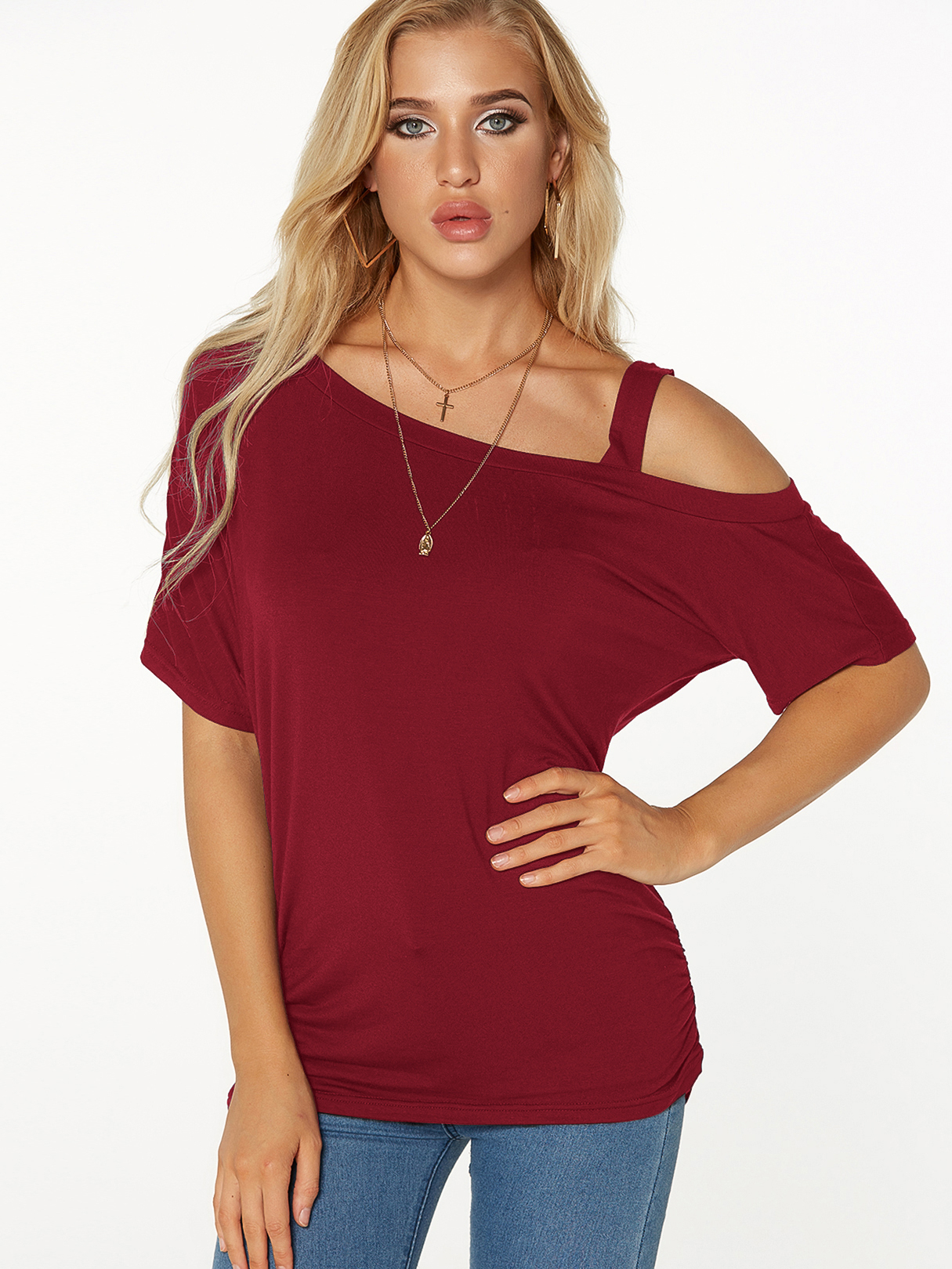 Black Pleated Design Cold Shoulder Short Sleeves T-shirts