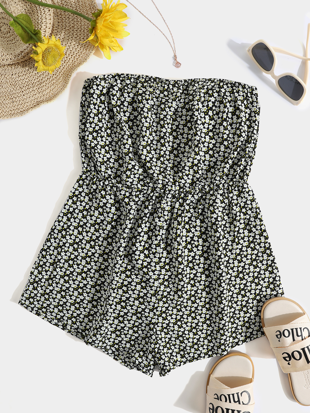 YOINS Black Tube Top Calico Elastic Waist Playsuits