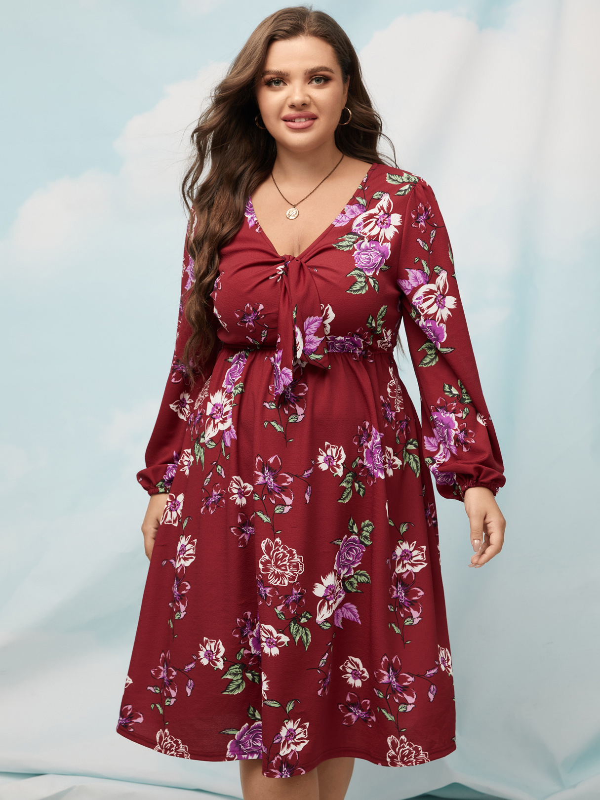 YOINS Plus Size V-neck Floral Print Knit Knotted Long Sleeves Dress
