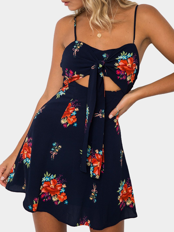 Navy Self-tie Random Floral Print Mini Dress