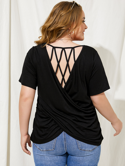 YOINS Plus Size Backless Design Criss-Cross Cut Out Short Sleeves Tee