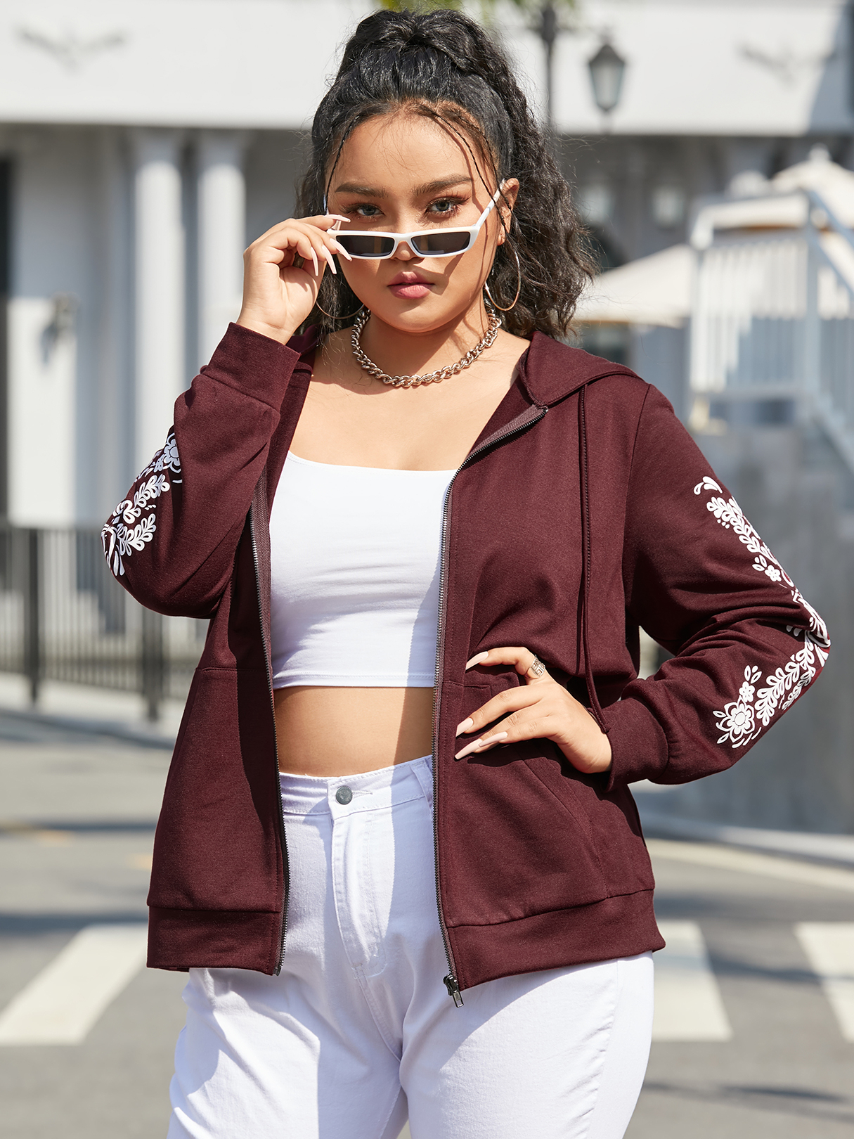 YOINS Plus Size Graphic Drawstring Hooded Design Long Sleeves Coat