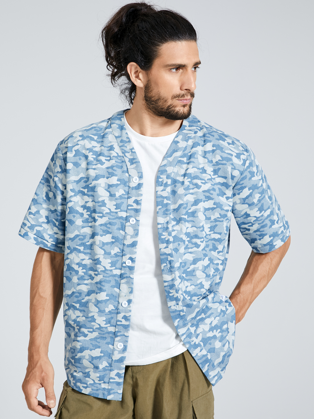 Men Camo All Over Print Baseball Collar Shirt