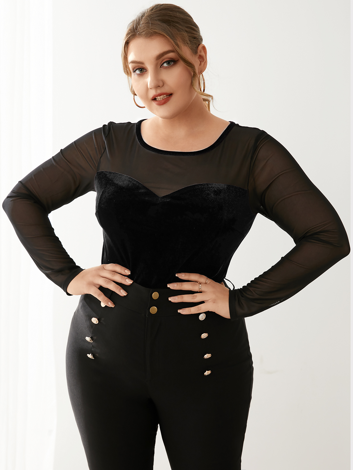 YOINS BASICS Plus Size Round Neck Mesh Patchwork Long Sleeves Blouse