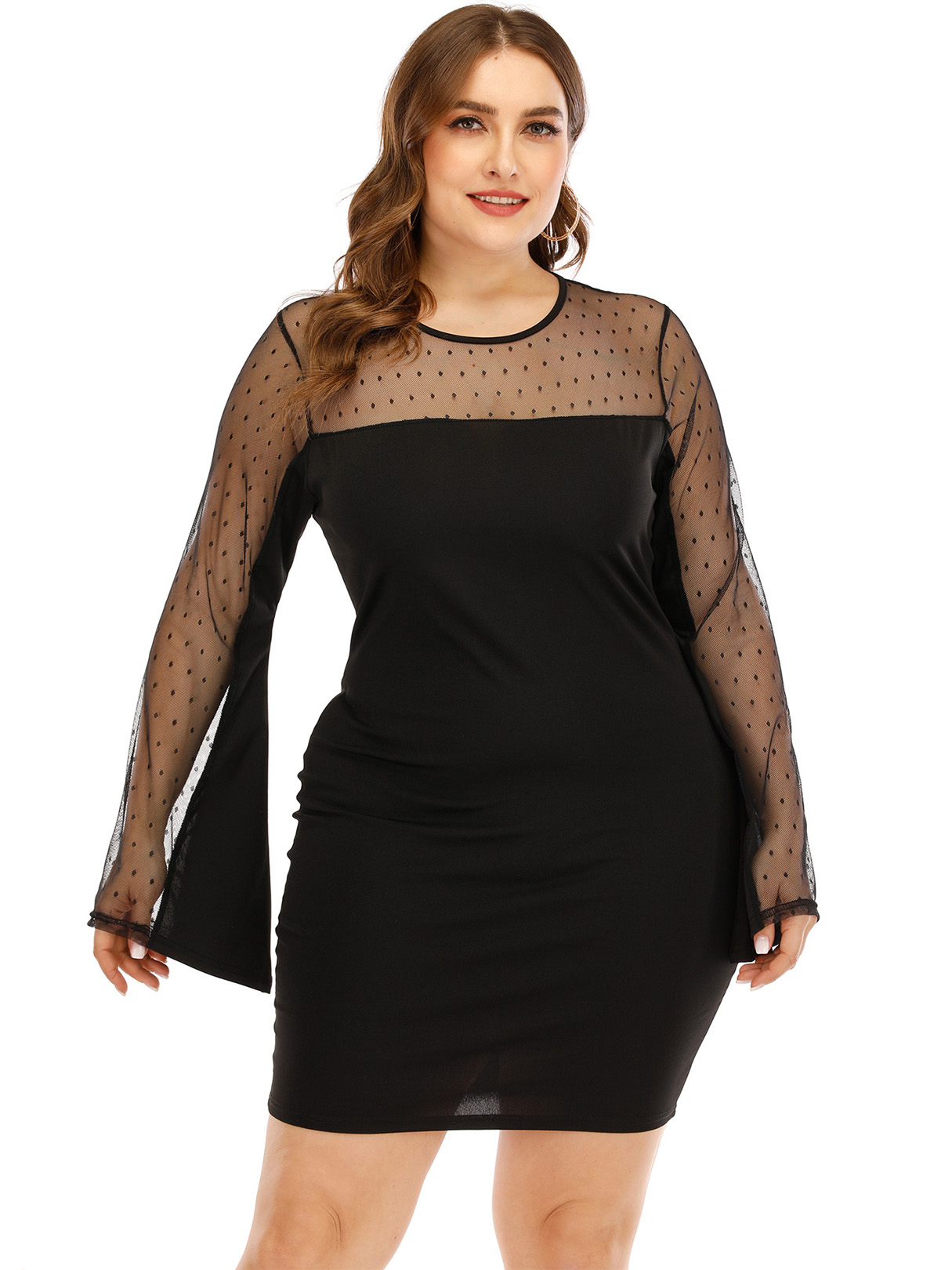Plus Size Black Polka Dot Long Sleeves Dress