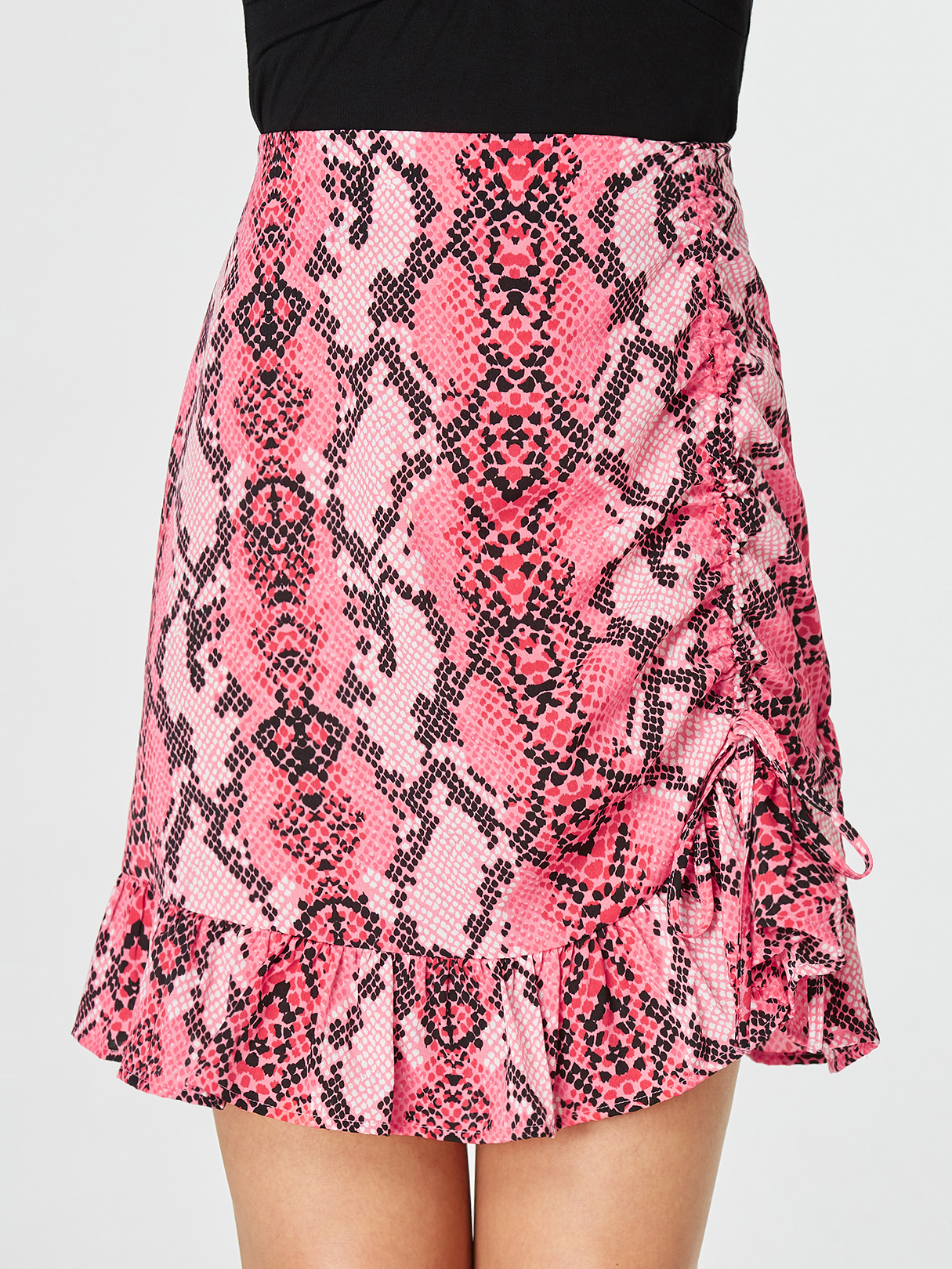 YOINS Pink Snake Print Ruffle Hem Bodycon Skirt