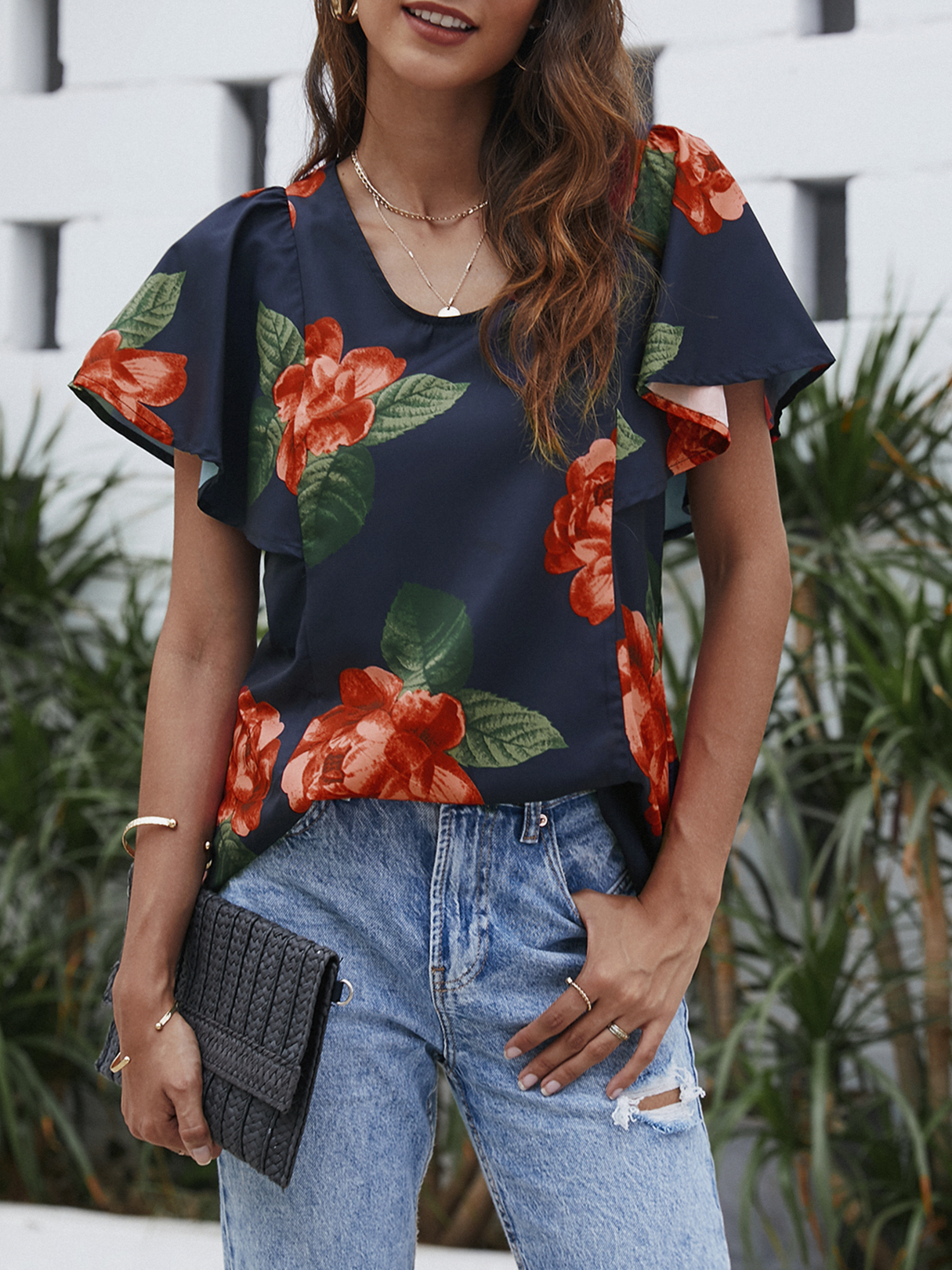 YOINS Navy Floral Print Round Neck Ruffle Sleeves Tee