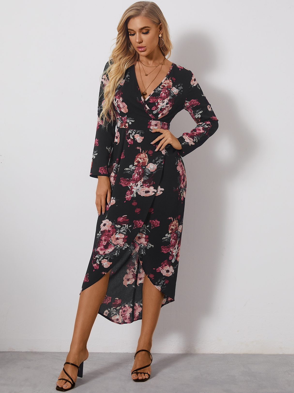 YOINS Random Floral Print Wrap V-neck Long Sleeves Dress