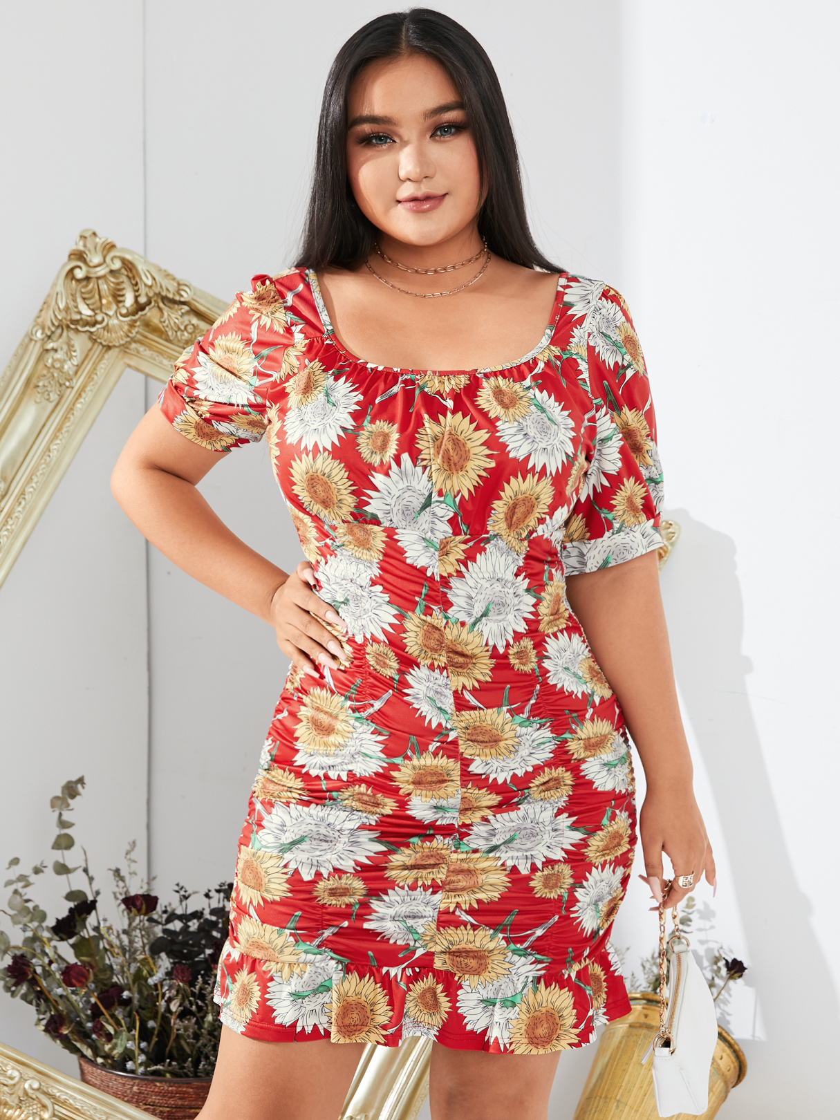 YOINS Plus Size Square Neck Floral Print Pleated Design Mini Dress