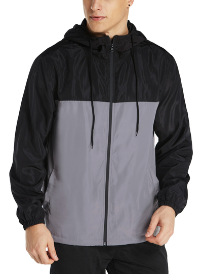 MODCHOK Men Splicing Color Quick Dry Lightweight Drawstring Windbreaker Zip Hoodie