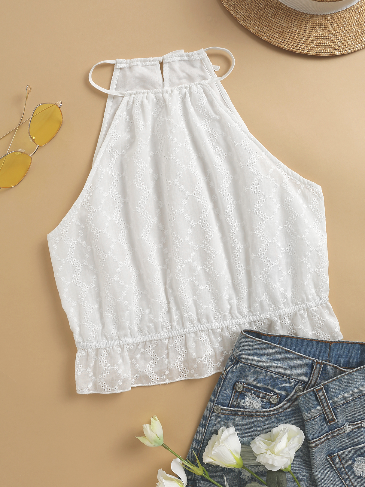 YOINS White Cotton Self Tie Halter Ruffle Trim Cami