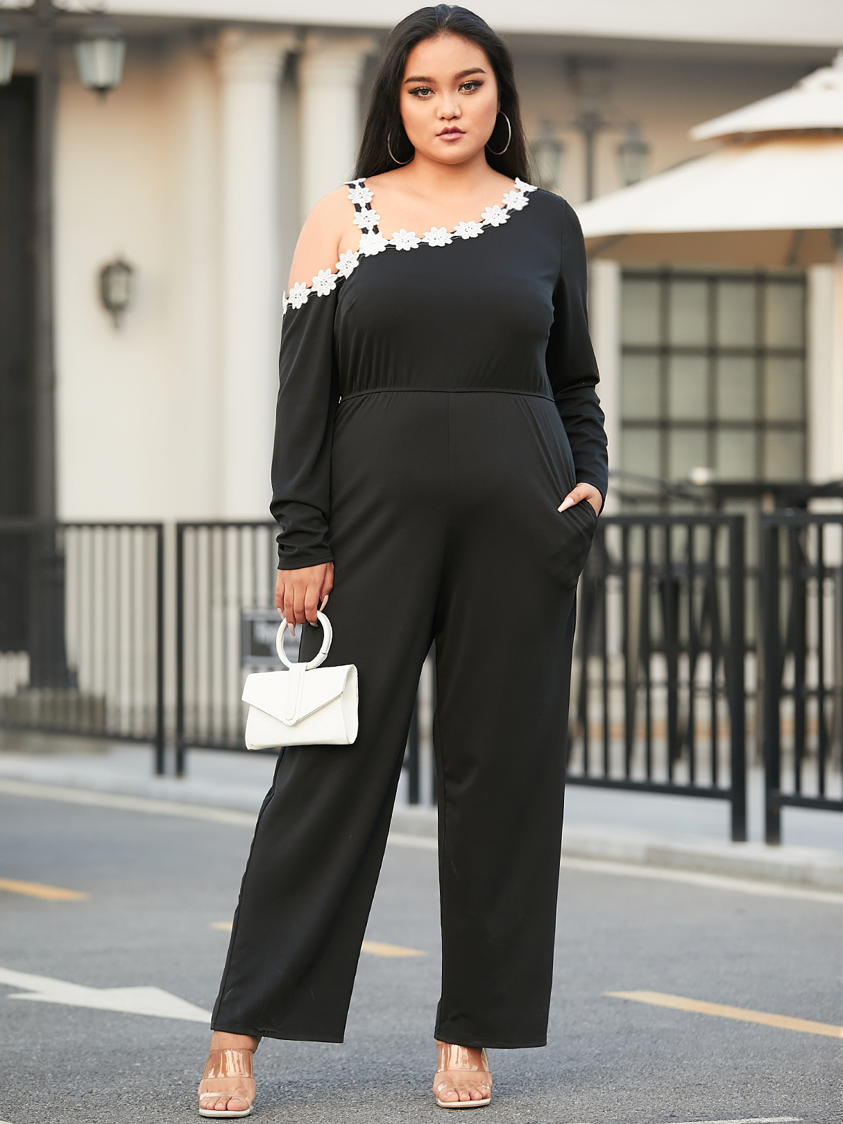 YOINS Pius Size Cold Shoulder Patchwork Lace Long Sleeves Jumpsuit